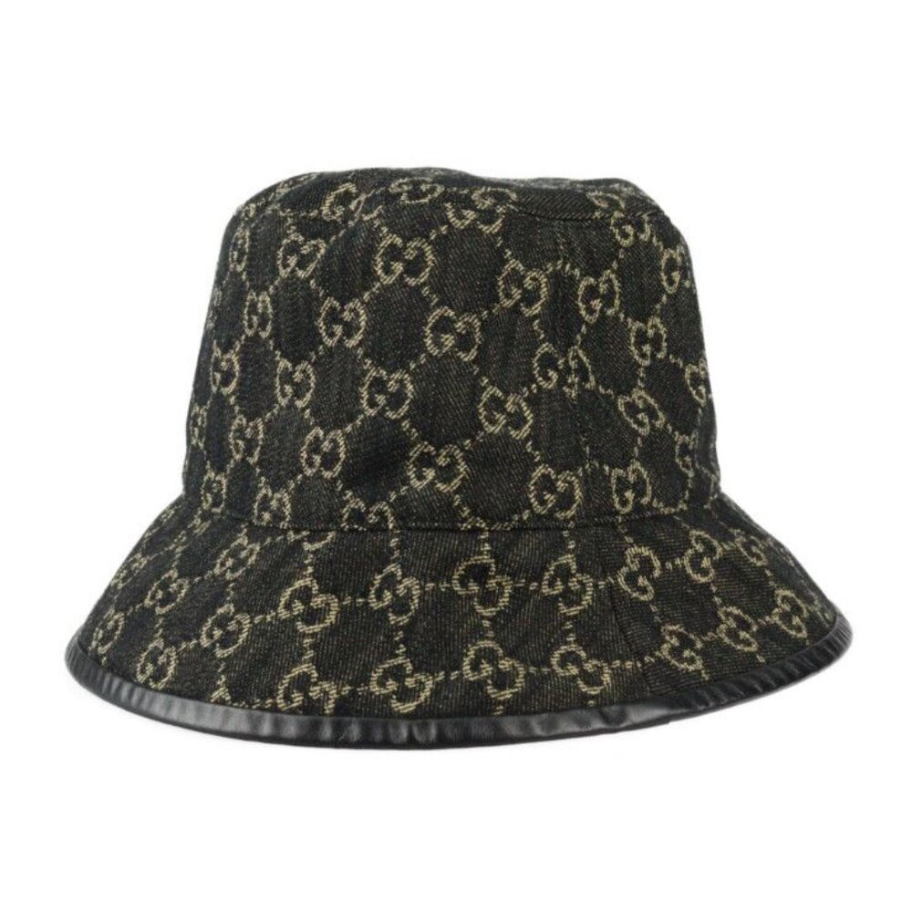 Gucci Bucket Hat GG Canvas Leather Black Beige Hat - Picture 2 of 10